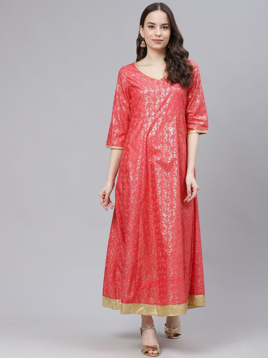 AURELIA Coral Pink & Golden Ethnic Motifs A-Line Maxi Dress - Distacart