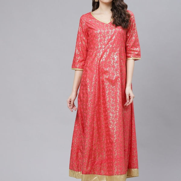 AURELIA Coral Pink & Golden Ethnic Motifs A-Line Maxi Dress - Distacart