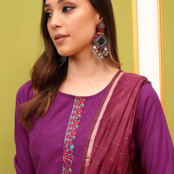 Vishudh Magenta Embroidered Kurta & Palazzos With Dupatta - Distacart