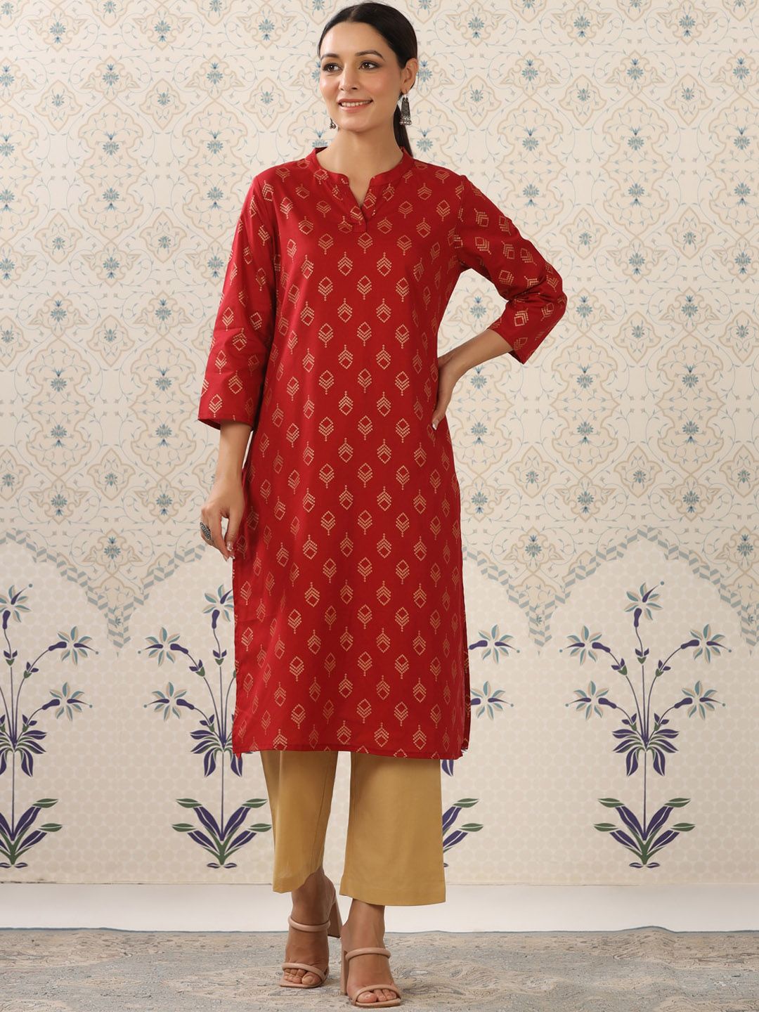 Ode by House of Pataudi Maroon & Beige Printed Pure Cotton Kurta With Palazzos - Distacart