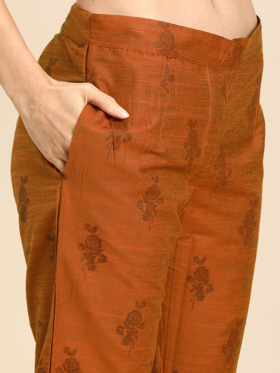 All About You Women Orange Floral Print Embroidered Regular Kurta with Trousers - Distacart