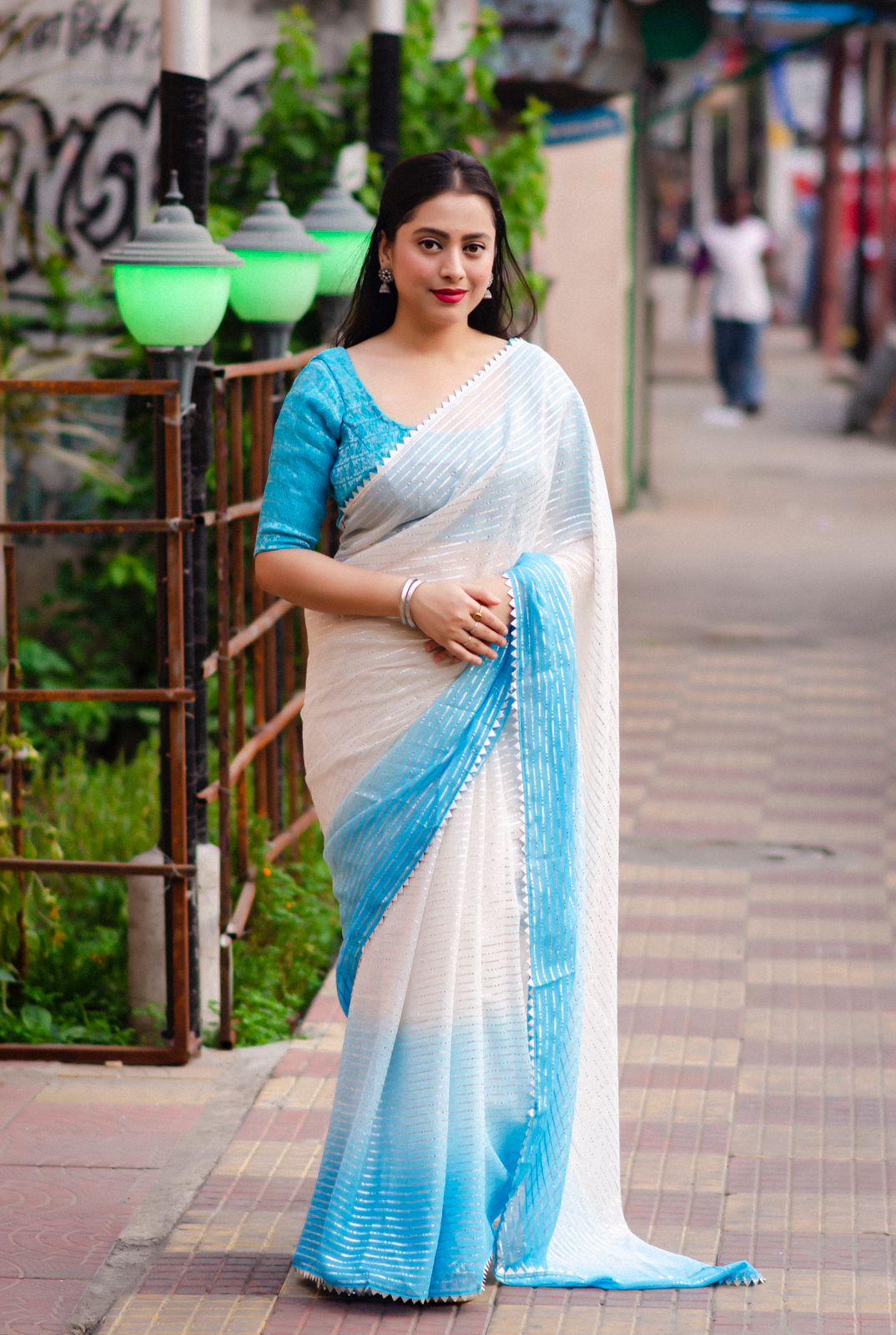 Blue Poly Chiffon Striped Saree with Unstitched Blouse - Hiral Fashion - Distacart