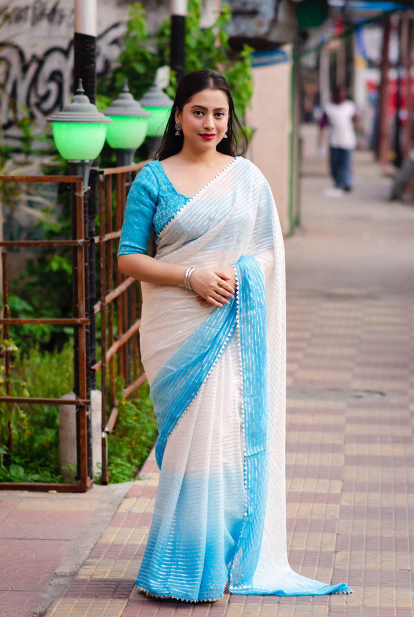 Blue Poly Chiffon Striped Saree with Unstitched Blouse - Hiral Fashion - Distacart