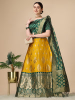 Thumbnail for Lorenvalley Fashion Yellow Brocade Fabric Lehenga & Unstitched Blouse With Dupatta - Distacart