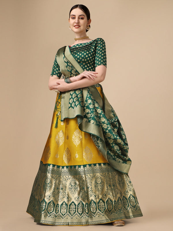 Lorenvalley Fashion Yellow Brocade Fabric Lehenga & Unstitched Blouse With Dupatta - Distacart