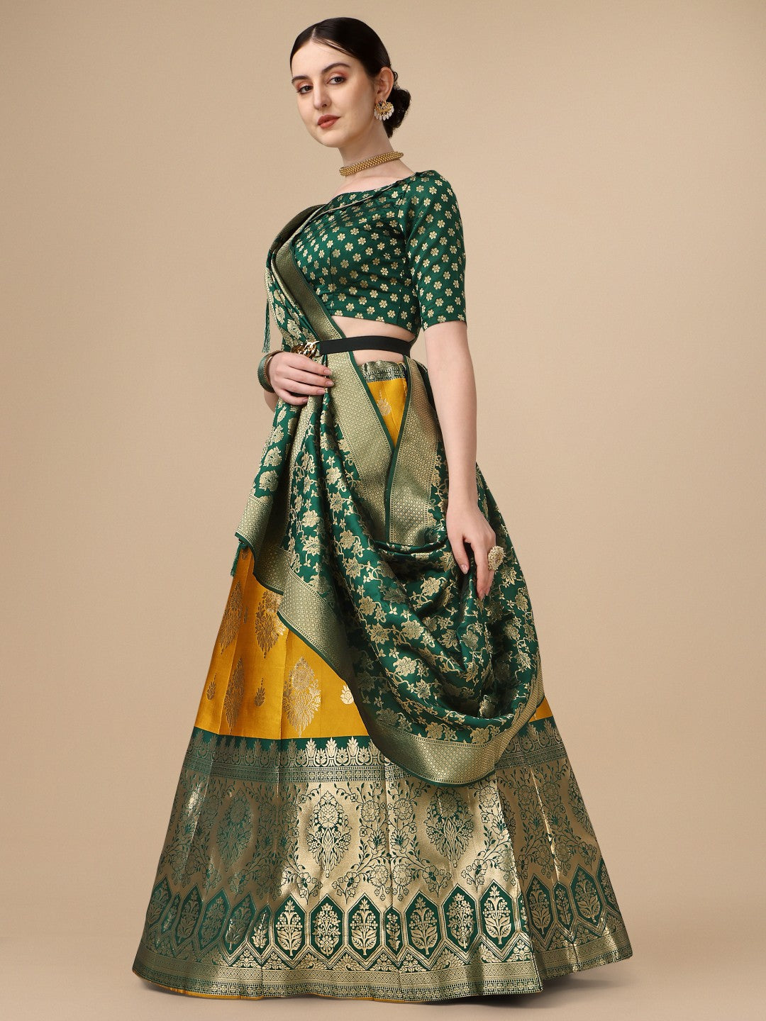 Lorenvalley Fashion Yellow Brocade Fabric Lehenga & Unstitched Blouse With Dupatta - Distacart
