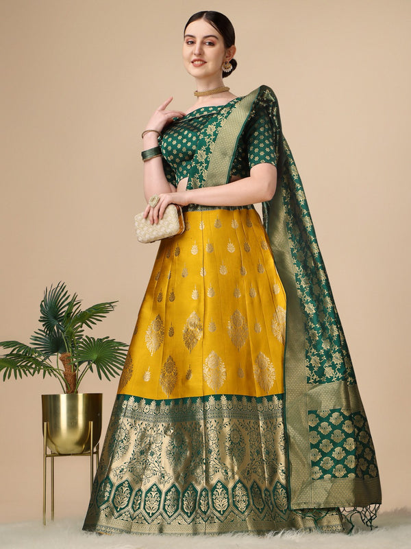 Lorenvalley Fashion Yellow Brocade Fabric Lehenga & Unstitched Blouse With Dupatta - Distacart