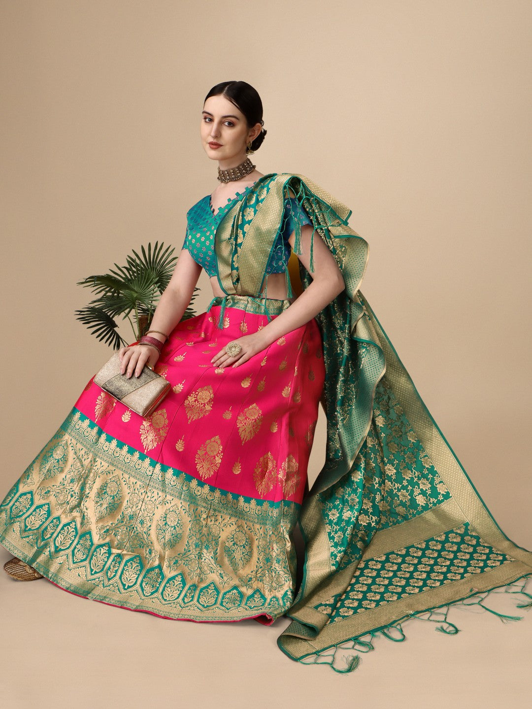 Lorenvalley Fashion Pink Brocade Fabric Lehenga & Unstitched Blouse With Dupatta - Distacart
