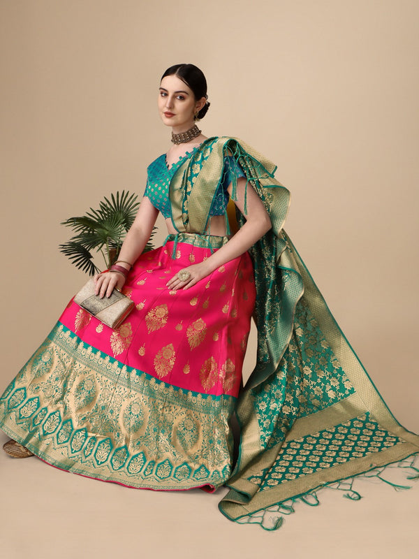 Lorenvalley Fashion Pink Brocade Fabric Lehenga & Unstitched Blouse With Dupatta - Distacart