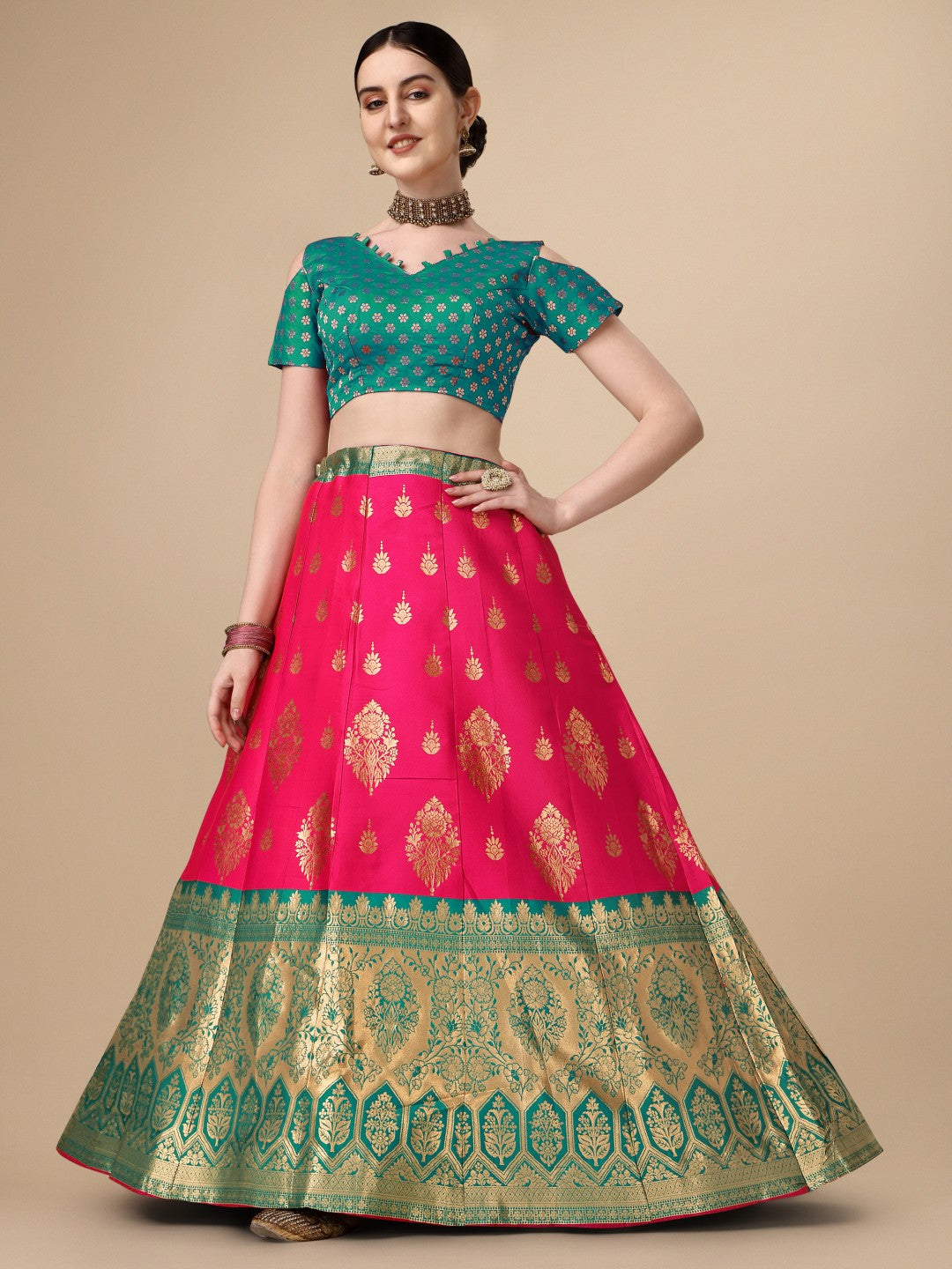 Lorenvalley Fashion Pink Brocade Fabric Lehenga & Unstitched Blouse With Dupatta - Distacart