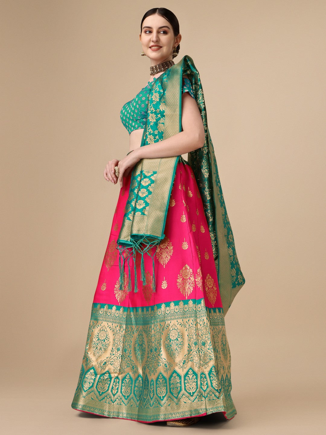 Lorenvalley Fashion Pink Brocade Fabric Lehenga & Unstitched Blouse With Dupatta - Distacart