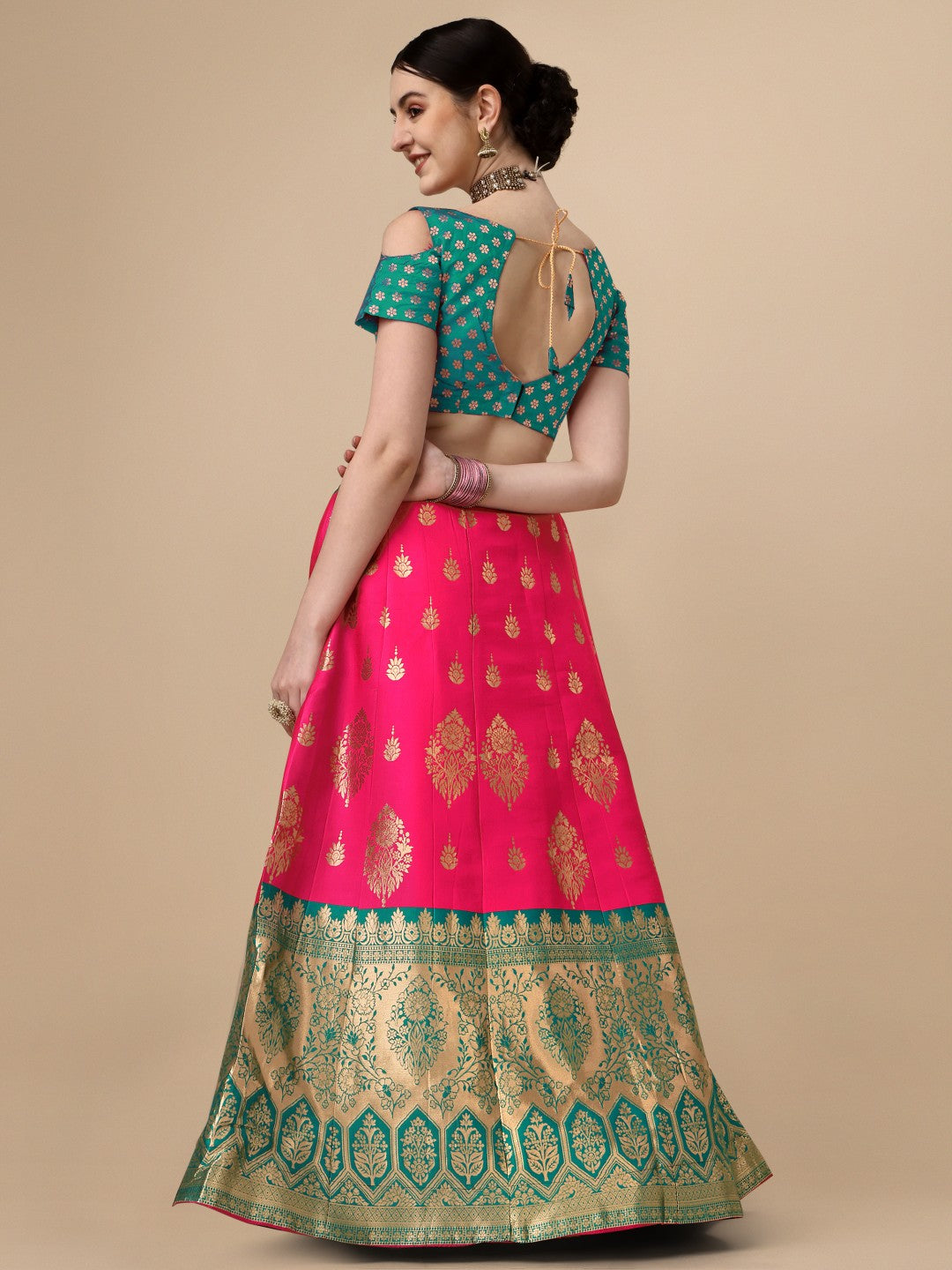Lorenvalley Fashion Pink Brocade Fabric Lehenga & Unstitched Blouse With Dupatta - Distacart
