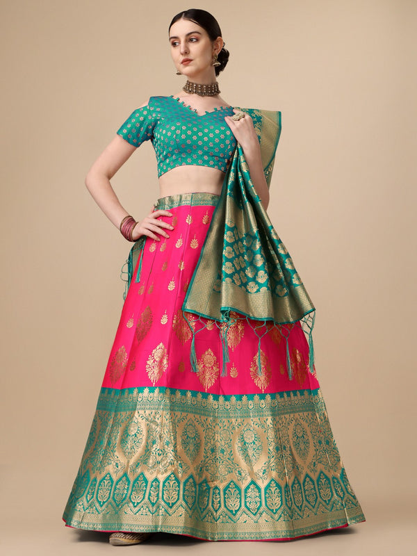 Lorenvalley Fashion Pink Brocade Fabric Lehenga & Unstitched Blouse With Dupatta - Distacart