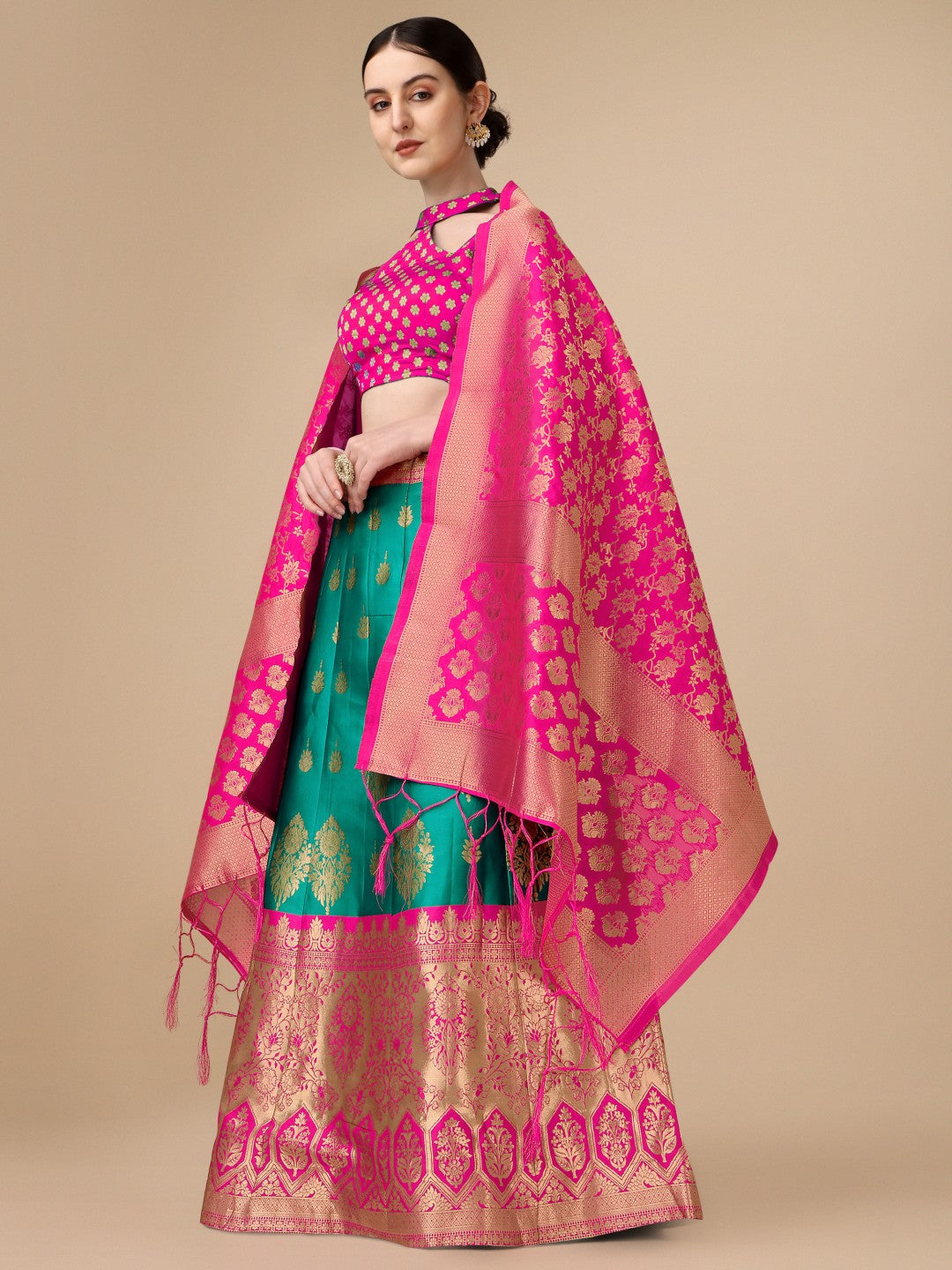 Lorenvalley Fashion Rama Brocade Fabric Lehenga & Unstitched Blouse With Dupatta - Distacart