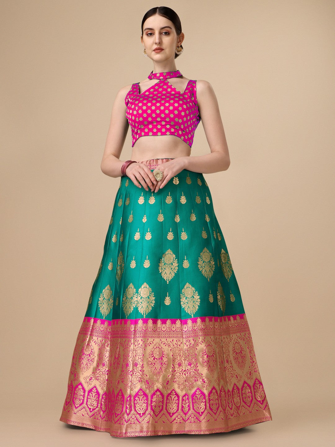 Lorenvalley Fashion Rama Brocade Fabric Lehenga & Unstitched Blouse With Dupatta - Distacart