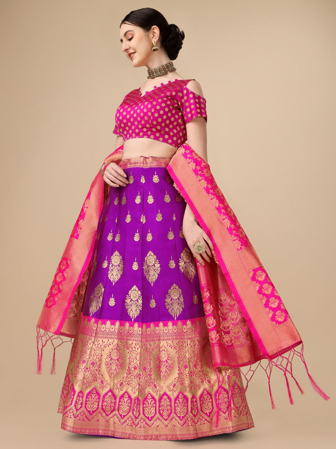 Lorenvalley Fashion Purple Brocade Fabric Lehenga & Unstitched Blouse With Dupatta - Distacart