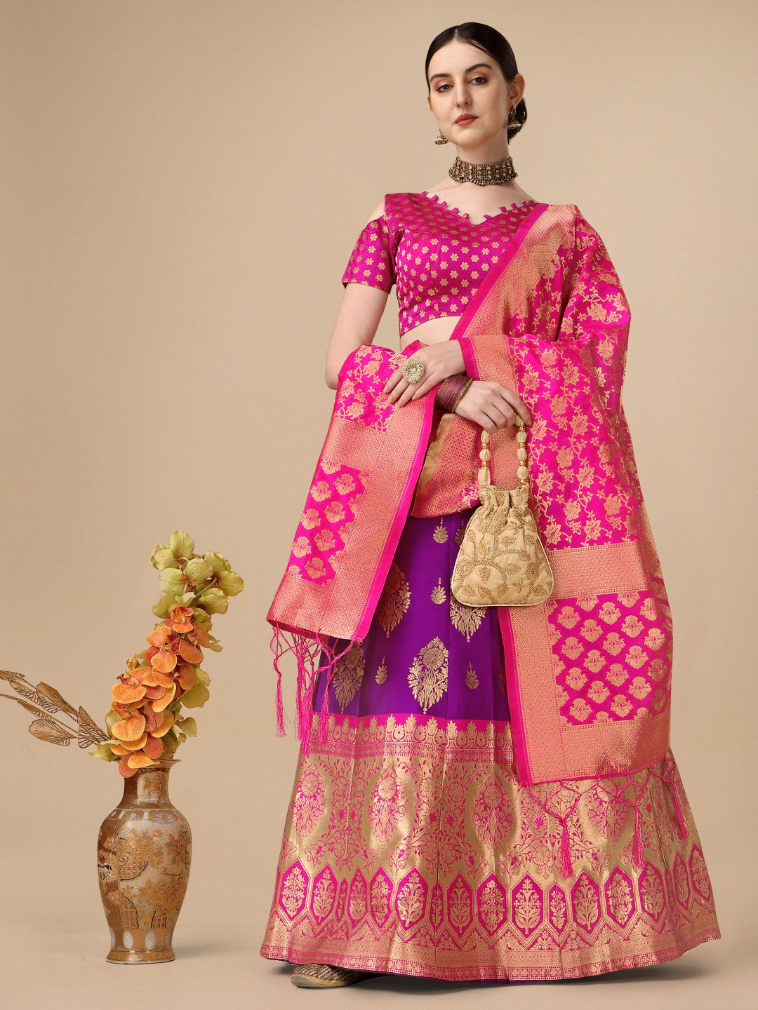 Lorenvalley Fashion Purple Brocade Fabric Lehenga & Unstitched Blouse With Dupatta - Distacart