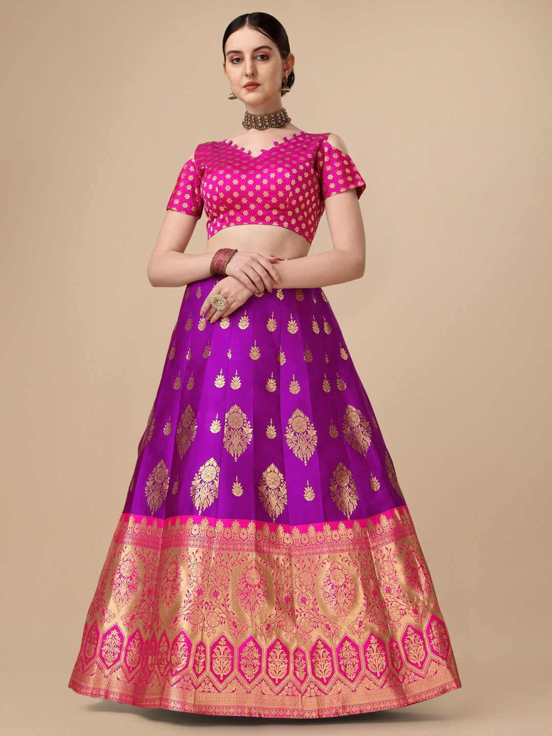 Lorenvalley Fashion Purple Brocade Fabric Lehenga & Unstitched Blouse With Dupatta - Distacart