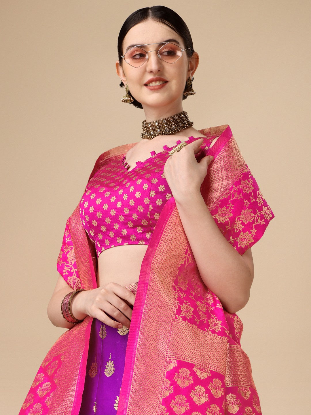 Lorenvalley Fashion Purple Brocade Fabric Lehenga & Unstitched Blouse With Dupatta - Distacart