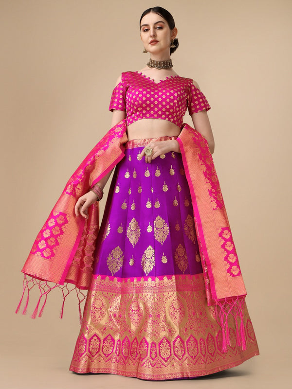 Lorenvalley Fashion Purple Brocade Fabric Lehenga & Unstitched Blouse With Dupatta - Distacart