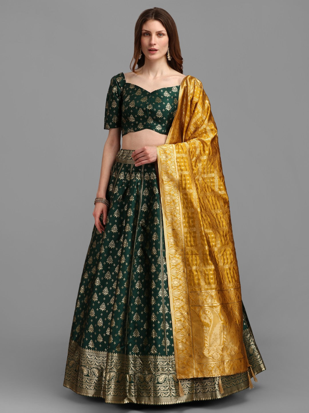 Lorenvalley Fashion Green Brocade Fabric Lehenga & Unstitched Blouse With Dupatta - Distacart