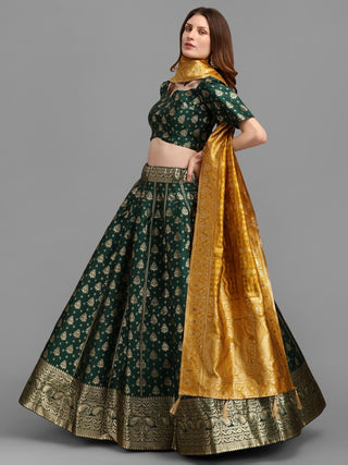 Lorenvalley Fashion Green Brocade Fabric Lehenga & Unstitched Blouse With Dupatta - Distacart