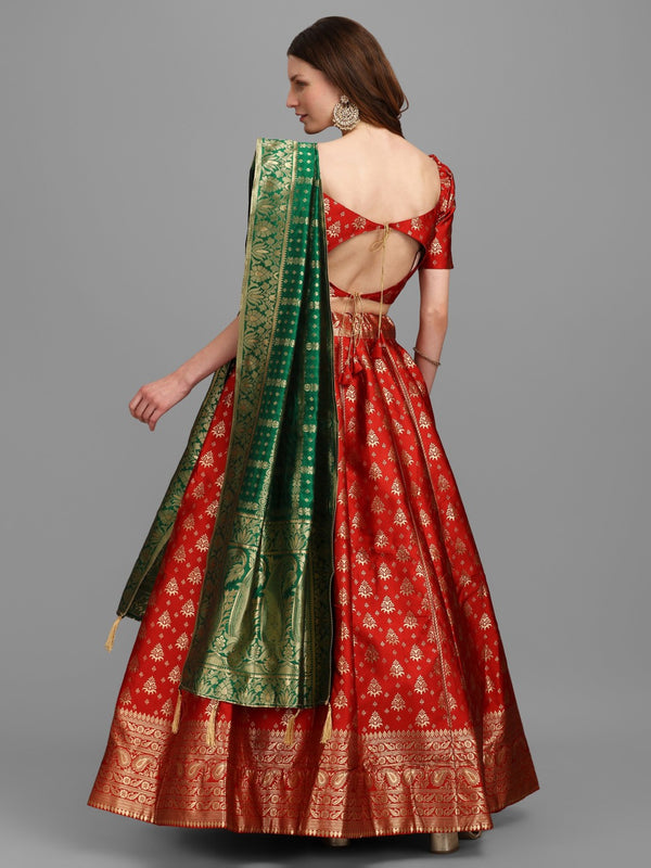 Lorenvalley Fashion Red Brocade Fabric Lehenga & Unstitched Blouse With Dupatta - Distacart
