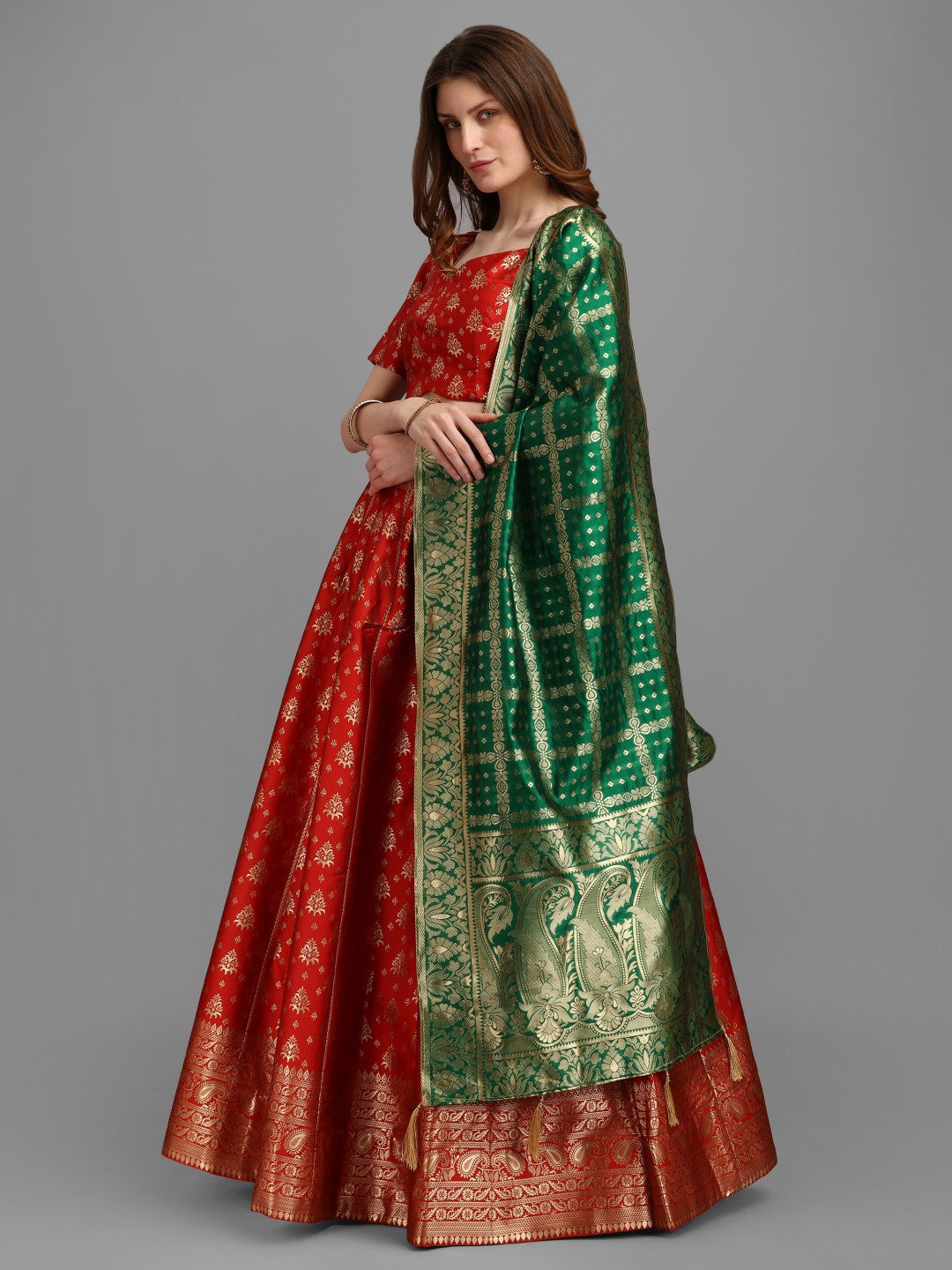 Lorenvalley Fashion Red Brocade Fabric Lehenga & Unstitched Blouse With Dupatta - Distacart