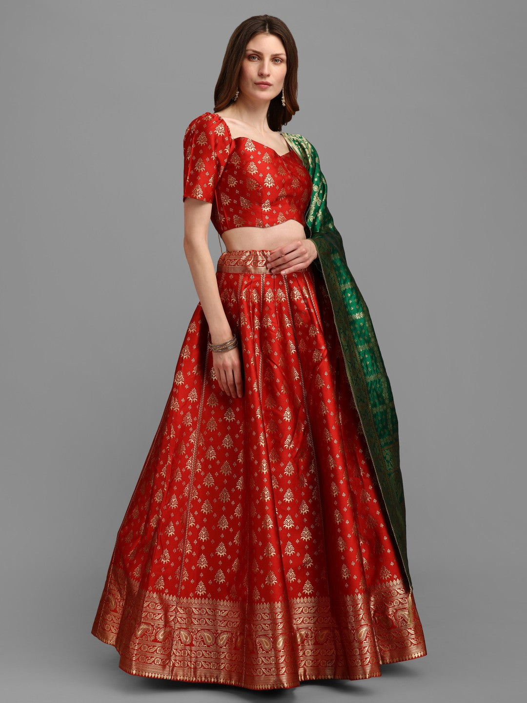 Lorenvalley Fashion Red Brocade Fabric Lehenga & Unstitched Blouse With Dupatta - Distacart