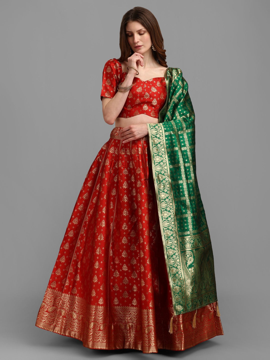 Lorenvalley Fashion Red Brocade Fabric Lehenga & Unstitched Blouse With Dupatta - Distacart