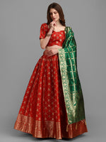 Thumbnail for Lorenvalley Fashion Red Brocade Fabric Lehenga & Unstitched Blouse With Dupatta - Distacart