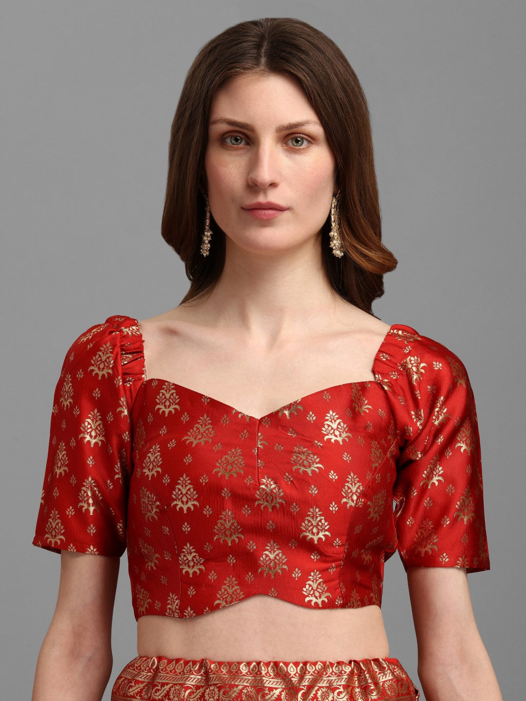 Lorenvalley Fashion Red Brocade Fabric Lehenga & Unstitched Blouse With Dupatta - Distacart