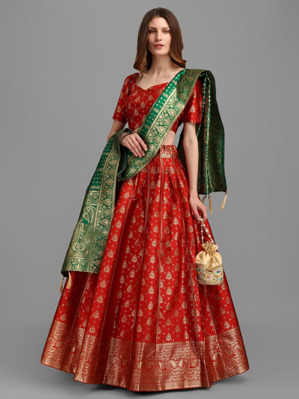 Lorenvalley Fashion Red Brocade Fabric Lehenga & Unstitched Blouse With Dupatta - Distacart