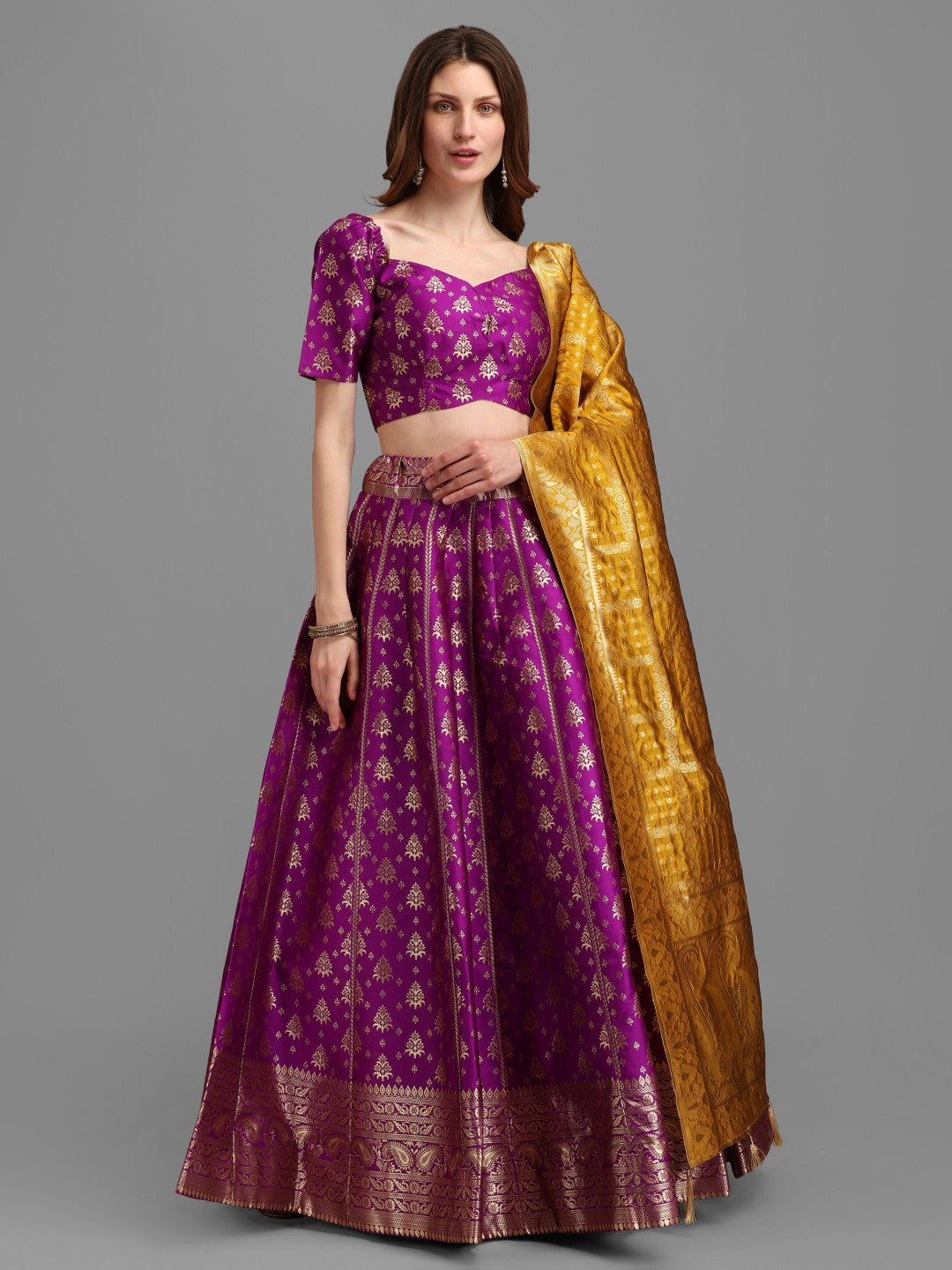 Lorenvalley Fashion Purple Brocade Fabric Lehenga & Unstitched Blouse With Dupatta - Distacart