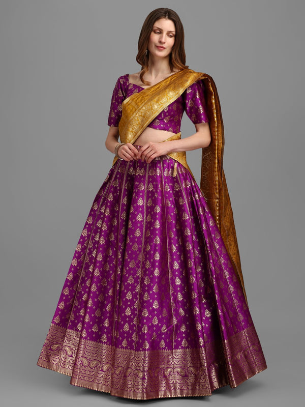 Lorenvalley Fashion Purple Brocade Fabric Lehenga & Unstitched Blouse With Dupatta - Distacart