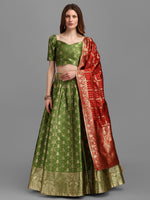 Thumbnail for Lorenvalley Fashion Mahendi Brocade Fabric Lehenga & Unstitched Blouse With Dupatta - Distacart
