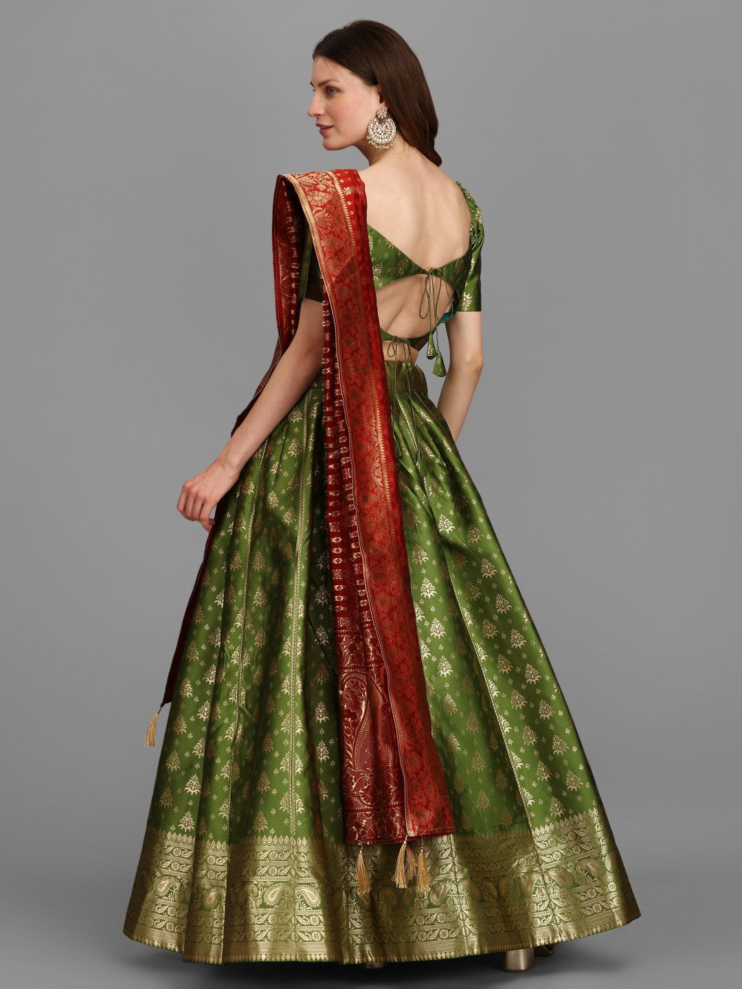 Lorenvalley Fashion Mahendi Brocade Fabric Lehenga & Unstitched Blouse With Dupatta - Distacart