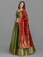 Thumbnail for Lorenvalley Fashion Mahendi Brocade Fabric Lehenga & Unstitched Blouse With Dupatta - Distacart