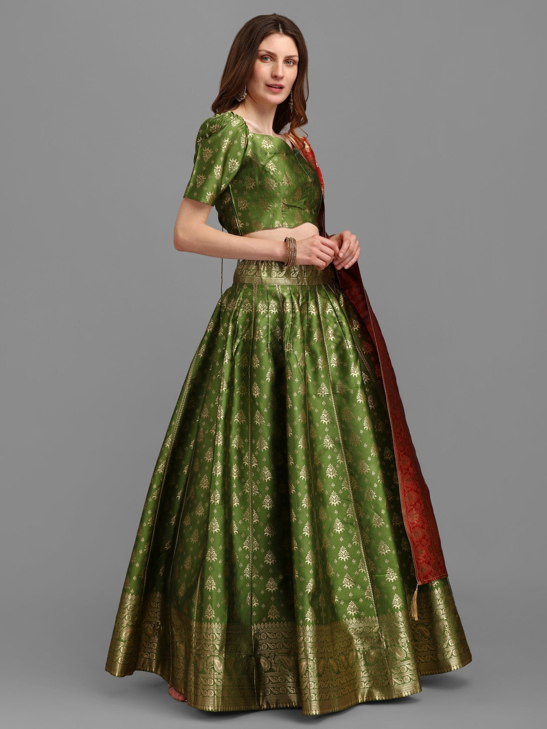 Lorenvalley Fashion Mahendi Brocade Fabric Lehenga & Unstitched Blouse With Dupatta - Distacart