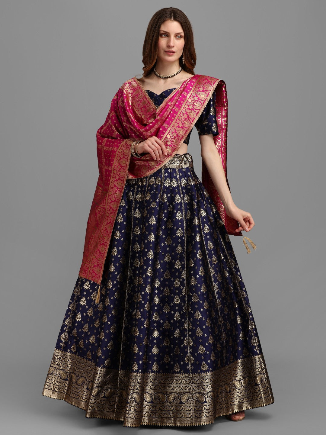 Lorenvalley Fashion Blue Brocade Fabric Lehenga & Unstitched Blouse With Dupatta - Distacart