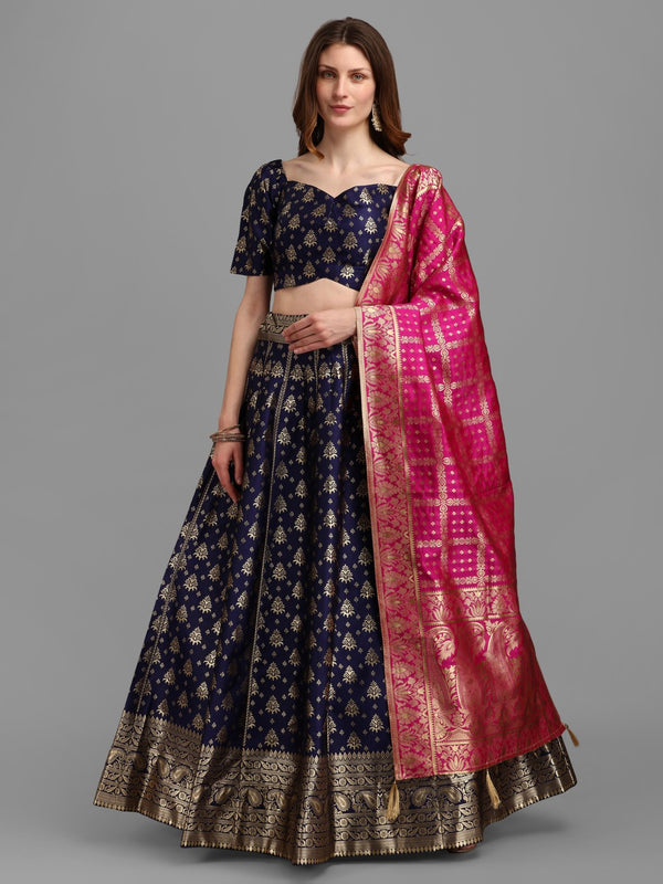 Lorenvalley Fashion Blue Brocade Fabric Lehenga & Unstitched Blouse With Dupatta - Distacart