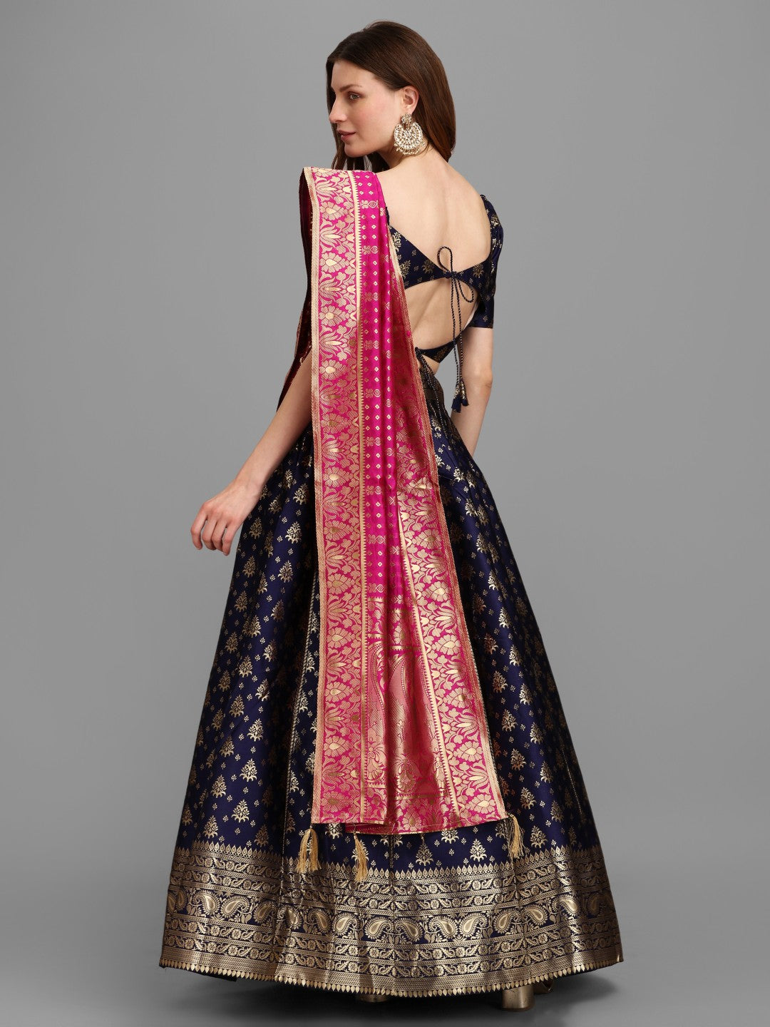 Lorenvalley Fashion Blue Brocade Fabric Lehenga & Unstitched Blouse With Dupatta - Distacart