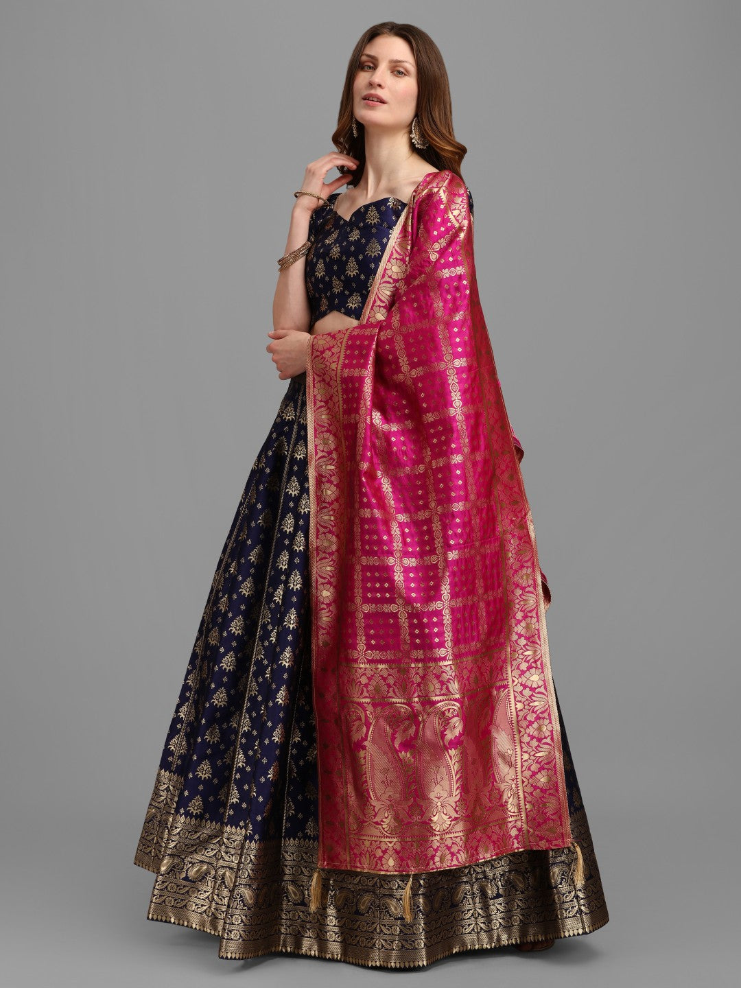 Lorenvalley Fashion Blue Brocade Fabric Lehenga & Unstitched Blouse With Dupatta - Distacart