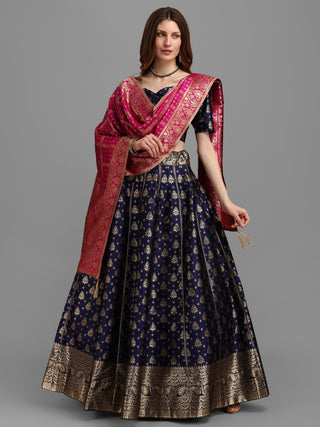 Lorenvalley Fashion Blue Brocade Fabric Lehenga & Unstitched Blouse With Dupatta - Distacart