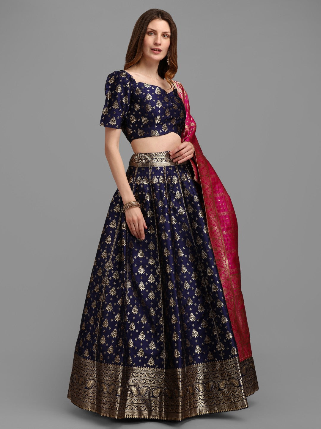 Lorenvalley Fashion Blue Brocade Fabric Lehenga & Unstitched Blouse With Dupatta - Distacart