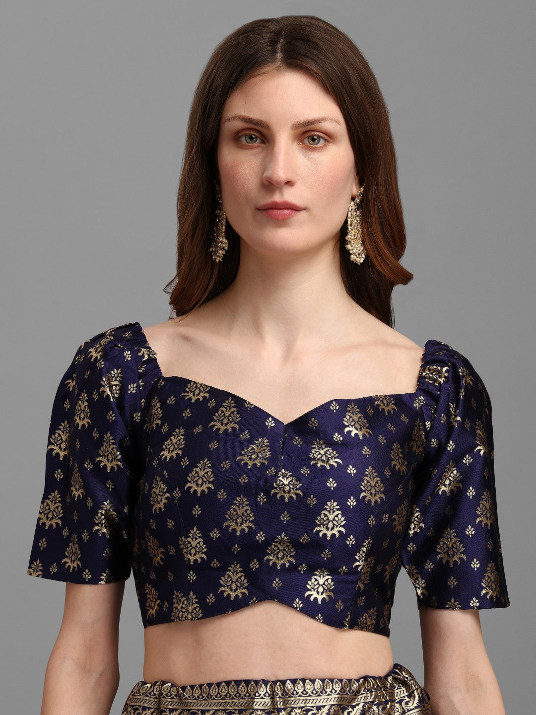 Lorenvalley Fashion Blue Brocade Fabric Lehenga & Unstitched Blouse With Dupatta - Distacart