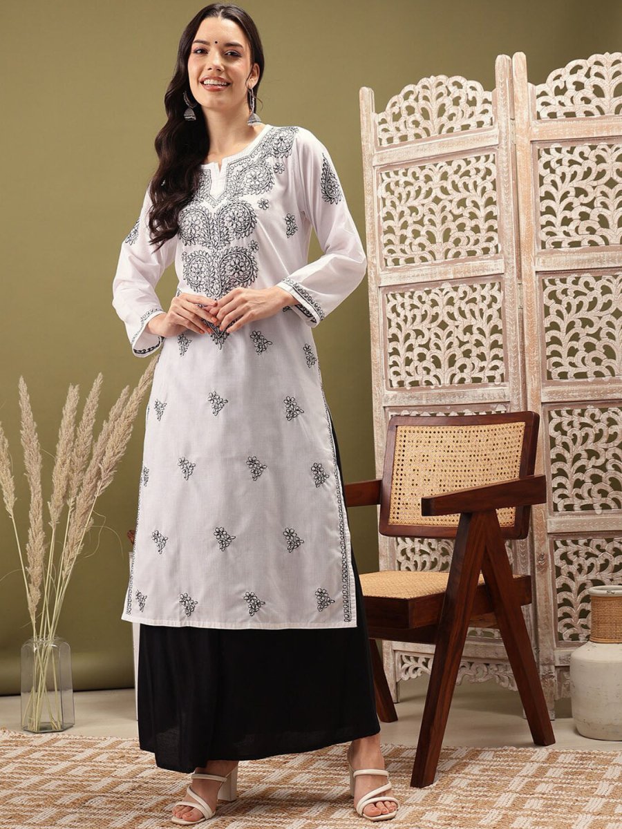 ADA Ethnic Motifs Embroidered Notch Neck Cotton Chikankari Straight Kurta - Distacart