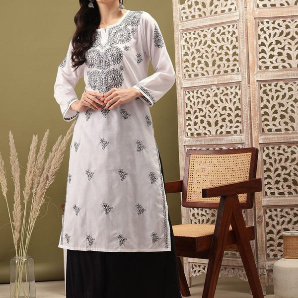 ADA Ethnic Motifs Embroidered Notch Neck Cotton Chikankari Straight Kurta - Distacart