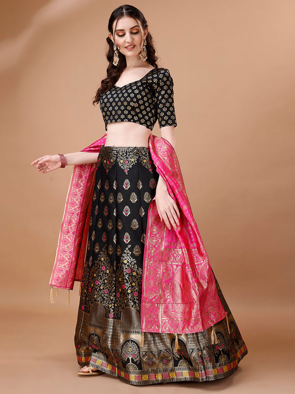 Lorenvalley Fashion Black & Pink Semi-Stitched Lehenga & Unstitched Blouse With Dupatta - Distacart