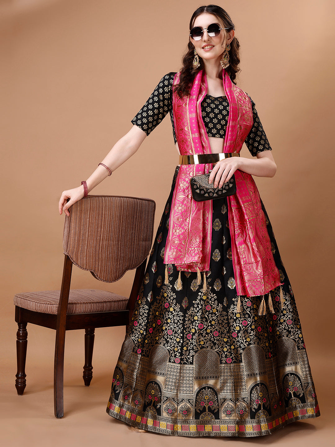 Lorenvalley Fashion Black & Pink Semi-Stitched Lehenga & Unstitched Blouse With Dupatta - Distacart